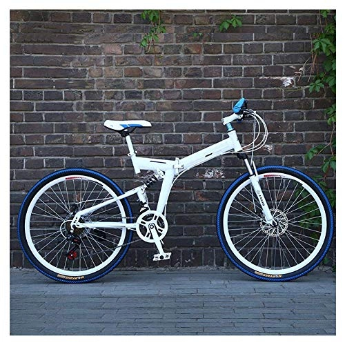 Folding Mountain Bike : JF-XUAN Outdoor sports 26 Inch Mountain Bike, High Carbon Steel Folding Frame, Dual Suspensions, 27 Speed, with Double Disc Brake, Unisex (Color : White)