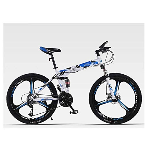 Folding Mountain Bike : JF-XUAN Outdoor sports Folding Mountain Bike 24 Speed Bicycle Full Suspension MTB Foldable Frame 26" 3 Spoke Wheels (Color : Blue)