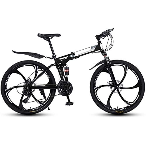 Folding Mountain Bike : JF-XUAN Outdoor sports Mountain Folding Bike, 26 Inch Folding with Six Cutter Wheels And Double Disc Brake, Premium Full Suspension And 27 Speed Gear (Color : Black)