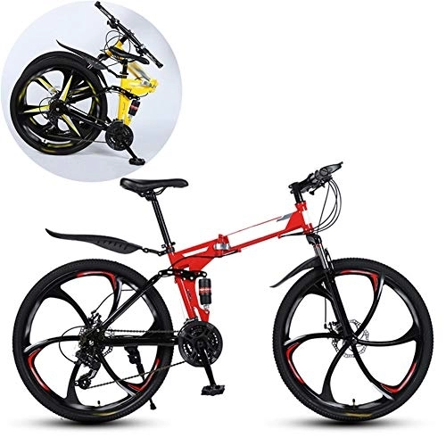 Folding Mountain Bike : JFSKD Mountain Bikes, Folding High Carbon Steel Frame 26 Inch Variable Speed Double Shock Absorption Six Cutter Wheels Foldable Bicycle, Suitable for People with A Height of 160-185Cm, Red, 24 speed