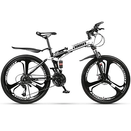 Folding Mountain Bike : JHKGY 24 / 26-Inch Mountain Bike with Full Suspension, Folding Bike, Speed Double Disc Brake Adult Bicycle, White, 26 inch 30 speed