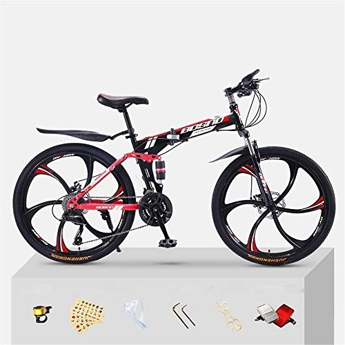 Folding Mountain Bike : JHKGY Mountain Bike for Adult Men And Women, High Carbon Steel Dual Suspension Frame Mountain Bike, 6-Spoke Rims Folding Outroad Bike, Red, 24 inch 27 speed