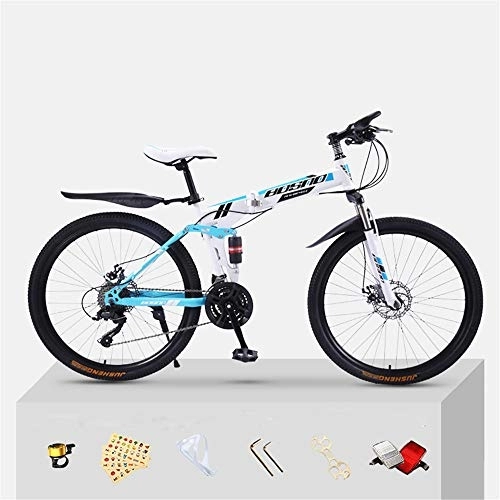 Folding Mountain Bike : JHKGY Mountain Bike Full Suspension Folding Bike Bike for Adults, Double Shock Absorption Off-Road Variable Speed Racing, Dual Disc Brake, High-Carbon Steel Frame MTB Bicycle, Blue, 20 inch 30 speed