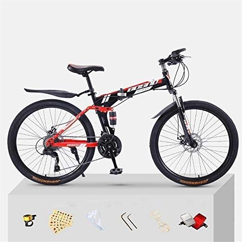 Folding Mountain Bike : JHKGY Mountain Bike Full Suspension Folding Bike Bike for Adults, Double Shock Absorption Off-Road Variable Speed Racing, Dual Disc Brake, High-Carbon Steel Frame MTB Bicycle, Red, 26 inch 27 speed