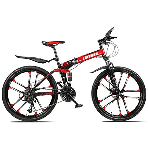 Folding Mountain Bike : JLFSDB Mountain Bike, 26'' Inch Foldable Bicycles 21 / 24 / 27 Speeds Women / Men MTB Lightweight Carbon Steel Frame Full Suspension (Color : Red, Size : 21speed)