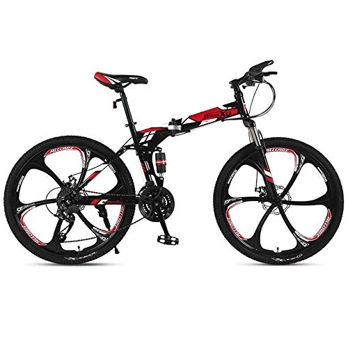 Folding Mountain Bike : JLFSDB Mountain Bike, 26 Inch Foldable Hardtail Bicycles, Full Suspension And Dual Disc Brake, Carbon Steel Frame (Color : Red, Size : 21-speed)