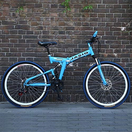 Folding Mountain Bike : JLFSDB Mountain Bike, 26 Inch Foldable Hardtail Bike, Carbon Steel Frame, 21 Speed, Full Suspension And Dual Disc Brake (Color : Blue)