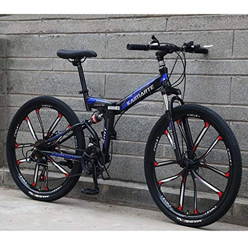 Folding Mountain Bike : JLFSDB Mountain Bike, 26 Inch Unisex Foldable Mountain Bicycles Lightweight Carbon Steel Frame 21 / 24 / 27 Speeds Full Suspension (Color : Blue, Size : 21speed)