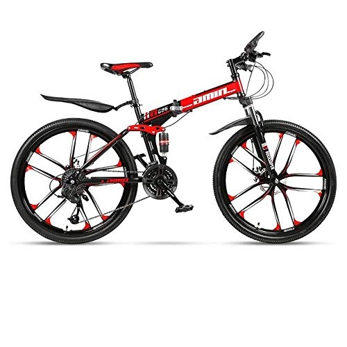 Folding Mountain Bike : JLFSDB Mountain Bike, Folding Men / Women Hardtail Bike, Carbon Steel Frame Full Suspension Dual Disc Brake, 26 Inch Wheels (Color : Red, Size : 21 Speed)