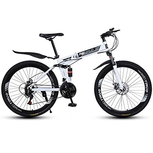 Folding Mountain Bike : JLFSDB Mountain Bike, Full Suspension Foldable MTB Bicycles, Dual Suspension And Dual Disc Brake, 26inch Spoke Wheels (Color : White, Size : 24-speed)