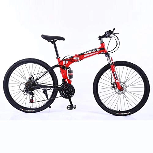 Folding Mountain Bike : JUD Folding Mountain Bike, Judsiansl 24Inch Lightweight Portable Steel MTB with V-brake, Dual Suspension Foldable Bicycle Bike for Adult Men Women Female Male Ladies Kids, Commute Work School (Red)