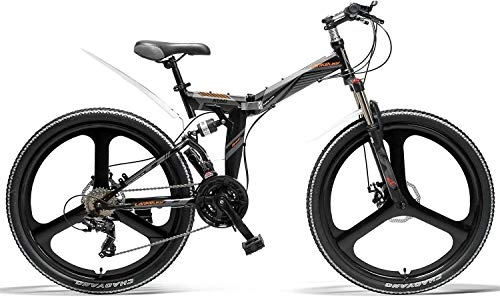Folding Mountain Bike : K660 26 Inch Folding Bicycle, 21 Speed Mountain Bike, Front & Rear Disc Brake, Integrated Wheel, Full Suspension (Color : Black Grey)