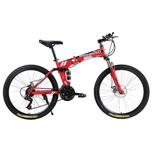 Folding Mountain Bike : Kashyk 26 inch mountain bike Fully, carbon steel MTB, suitable from 160 cm - 185 cm, front and rear disc brakes, 21 speed gears, full suspension, boys and men's bicycle (foldable red)