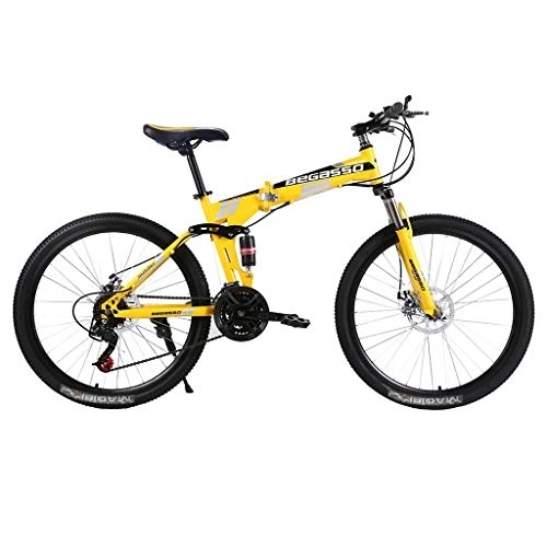 Folding Mountain Bike : Kashyk 26 inch mountain bike Fully, carbon steel MTB, suitable from 160 cm - 185 cm, front and rear disc brakes, 21 speed gears, full suspension, boys and men's bicycle (foldable yellow)