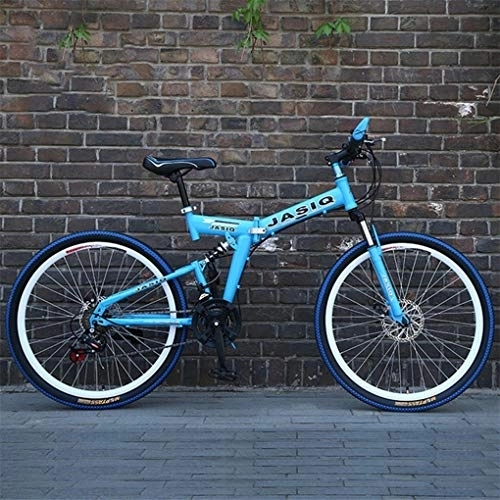 Folding Mountain Bike : Kays Mountain Bike, 26 Inch Foldable Hardtail Bike, Carbon Steel Frame, 21 Speed, Full Suspension And Dual Disc Brake (Color : Blue)