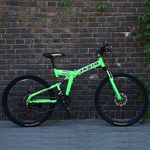 Folding Mountain Bike : Kays Mountain Bike, 26 Inch Foldable Hardtail Bike, Carbon Steel Frame, 21 Speed, Full Suspension And Dual Disc Brake (Color : Green)