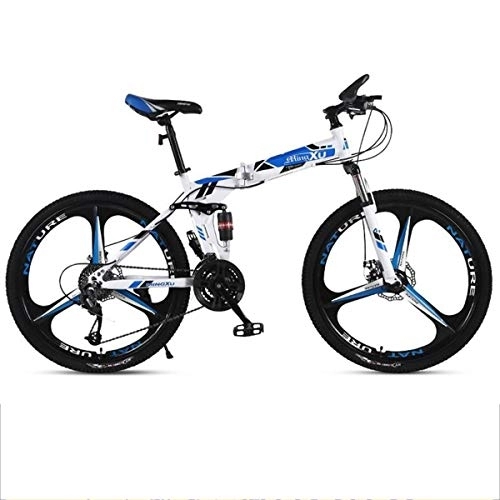 Folding Mountain Bike : Kays Mountain Bike, 26 Inch Foldable Men / Women MTB Bicycles, Carbon Steel Frame, Full Suspension Dual Disc Brake, 21 / 24 / 27-speed (Color : Blue, Size : 24-speed)