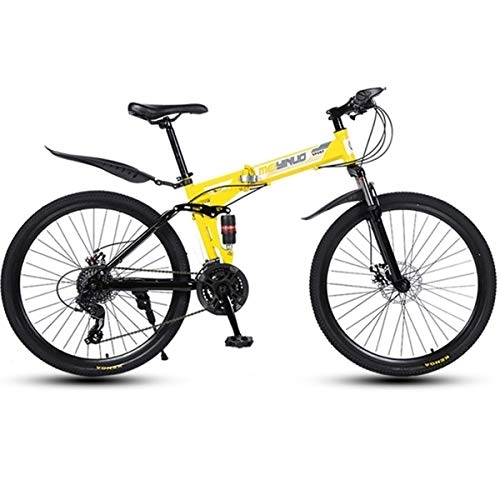 Folding Mountain Bike : Kays Mountain Bike, Foldable Bicycles, Carbon Steel Frame, Full Suspension Dual Disc Brake, 26inch Spoke Wheels (Color : Yellow, Size : 21-speed)