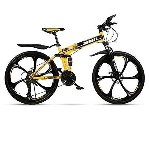 Folding Mountain Bike : Kays Mountain Bike, Foldable Hardtail Bicycles, Dual Disc Brake And Double Suspension, Carbon Steel Frame (Color : Yellow, Size : 21-speed)