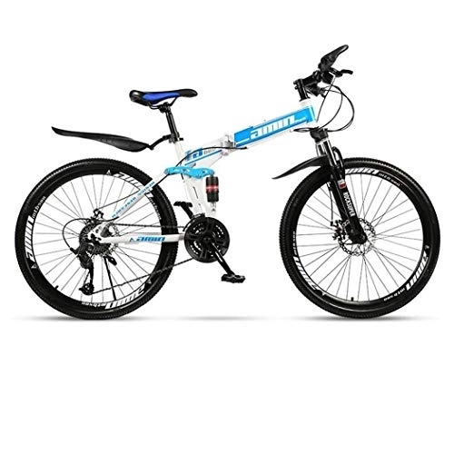 Folding Mountain Bike : Kays Mountain Bike, Folding 26 Inch Hardtail Bicycles, Carbon Steel Frame, Dual Disc Brake And Full Suspension (Color : Blue, Size : 21 Speed)