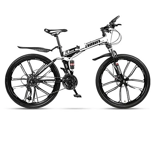 Folding Mountain Bike : Kays Mountain Bike, Folding Men / Women Hardtail Bike, Carbon Steel Frame Full Suspension Dual Disc Brake, 26 Inch Wheels (Color : White, Size : 24 Speed)