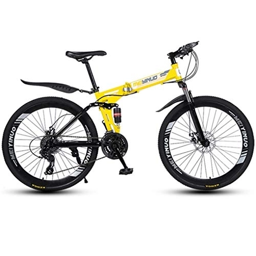 Folding Mountain Bike : Kays Mountain Bike, Full Suspension Foldable MTB Bicycles, Dual Suspension And Dual Disc Brake, 26inch Spoke Wheels (Color : Yellow, Size : 21-speed)