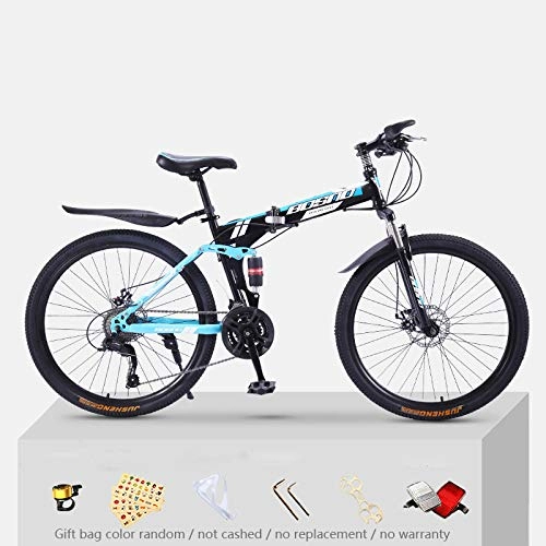 Folding Mountain Bike : KNFBOK bikes for adults Mountain bike adult 21 speed thick steel frame folding bicycle 26 inch double shock off-road boys and girls White and blue spoke wheel