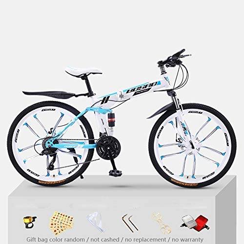 Folding Mountain Bike : KNFBOK bikes for adults Mountain bike adult 21 speed thick steel frame folding bicycle 26 inch double shock off-road boys and girls White and blue ten-knife wheel