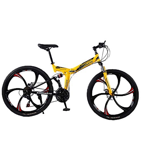 Folding Mountain Bike : KUKU Mountain Bike 26 Inches, 21-Speed High Carbon Steel Mountain Bike, Full Suspension Mountain Bike, Folding Bike, Suitable for Sports And Cycling Enthusiasts, yellow, 2
