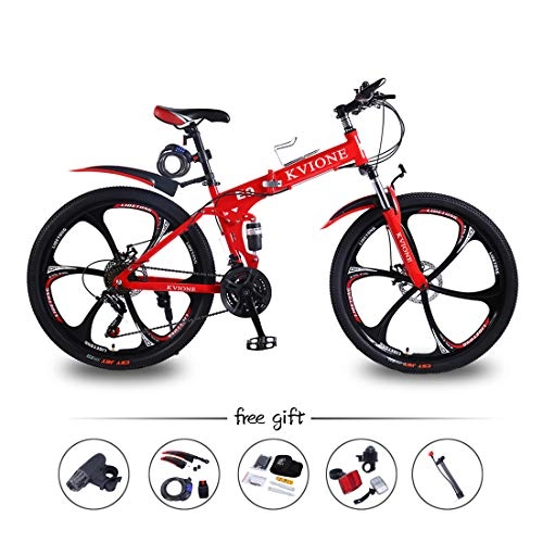 Folding Mountain Bike : KVIONE E9 26 Inches Mountain Bike Men Folding Bicycle 21 Speed MTB 26 Inches Wheels High-carbon Frame with Disc Brake (Red)