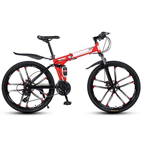 Folding Mountain Bike : KXDLR Adult Mountain Bike 26" Full Suspension 21 Speed Mens Womans Folding Mountain Bike Bicycle High Carbon Steel Frames with Double Shock Absorber, Red