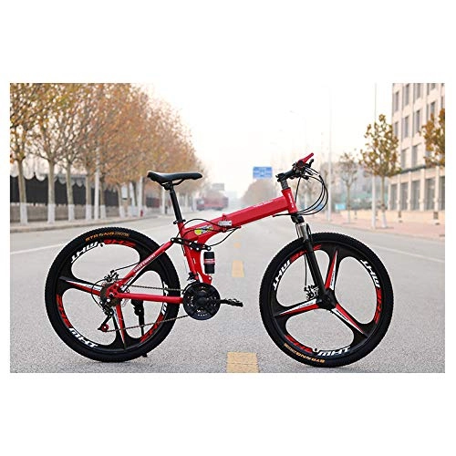 Folding Mountain Bike : KXDLR Folding Bike, 21 Speed, 26 Inch, Bike Dual Suspension, Dual Disc Brake, Mountain Bike Fender, Carbon Steel Frame, Seat Height Adjustable, Red