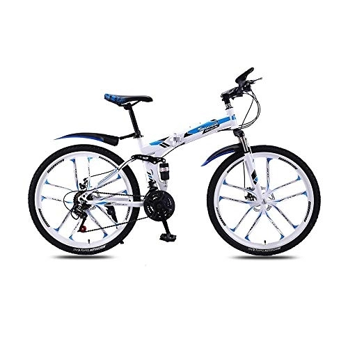 Folding Mountain Bike : L.BAN 26 Inch High-carbon Steel Folding Mountain Bike Road Bike Urban Track Bike Shift Male and Female Double Shock Absorber Adult Dual Disc Double Shock Absorber Beach Bicycle 21 Speed, White