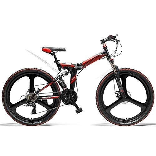 Folding Mountain Bike : LANKELEISI K660 26 Inch Folding Bicycle, 21 Speed Mountain Bike, Front & Rear Disc Brake, Integrated Wheel, Full Suspension (Black Red)