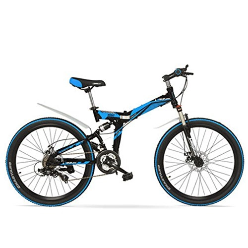 Folding Mountain Bike : LANKELEISI K660M 24 inch Folding MTB Bike, 21 Speed folding bicycle, Lockable Fork, Front & Rear Suspension, Both Disc Brake, Mountain Bike (Black Blue, 24 Inches)