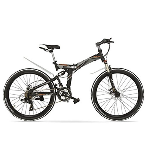 Folding Mountain Bike : LANKELEISI K660M 24 inch Folding MTB Bike, 21 Speed folding bicycle, Lockable Fork, Front & Rear Suspension, Both Disc Brake, Mountain Bike (Black Gray, 24 Inches)