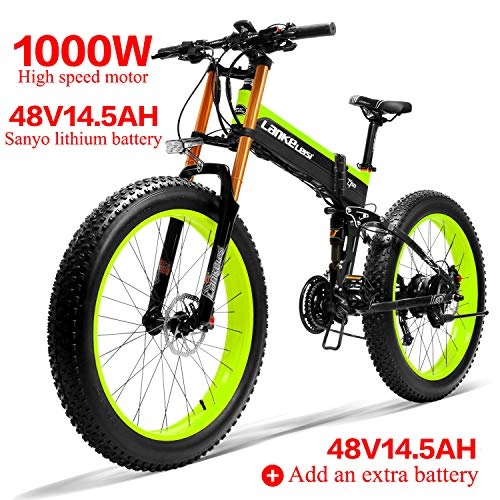 Folding Mountain Bike : LANKELEISI XT750PLUS 48V14.5AH 1000W Electric Bike 26 '' 4.0 Fat Tire Ebike SHIMANO 27 Speed Snow MTB Folding Electric Bike for Adult Female / Male (Green + 1 extra Battery)