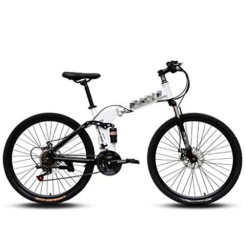 Folding Mountain Bike : Large Full Suspension Mountain Bikes With 26 Inch Wheels, 24 Speed Folding Portable Road Bikes Dual Disc Brake, High Carbon Steel Frame Shock Speed Bicycle (Color : White)