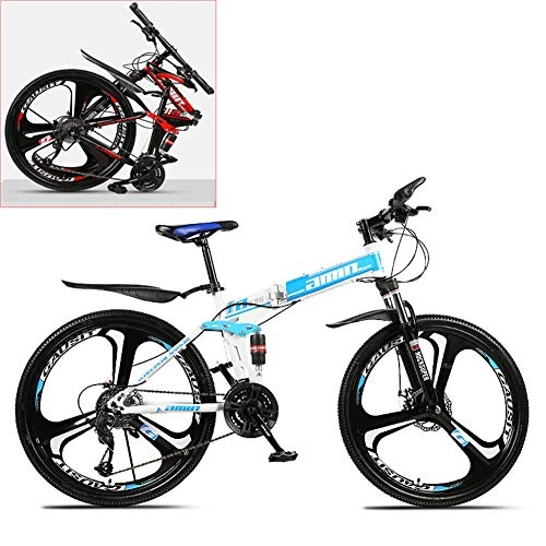 Folding Mountain Bike : Lhh Folding Mountain Bike, Mens Road Bike, Lightweight 21 Speeds Mountain Bicycle with High-Carbon Steel Frame, Fork & Hydraulic Shock Absorption, Double Disc Brake, for Men, Women, Blue