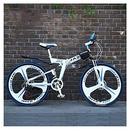Folding Mountain Bike : LHQ-HQ Outdoor sports 26" Full Suspension Unisex Mountain Bike, HighTensile Steel Frame And Alloy Fork, Double Disc Brake System, 3 Spoke Wheel, 24 Speed (Color : White)