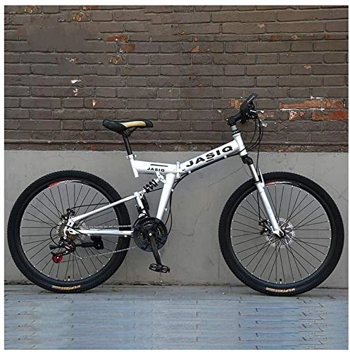 Folding Mountain Bike : LHQ-HQ Outdoor sports Dual Suspension Mountain Bike, 26" High Carbon Steel Folding Mountain Bicycle 21 Speed Mountain Bike with Double Disc Brake (Color : Silver)