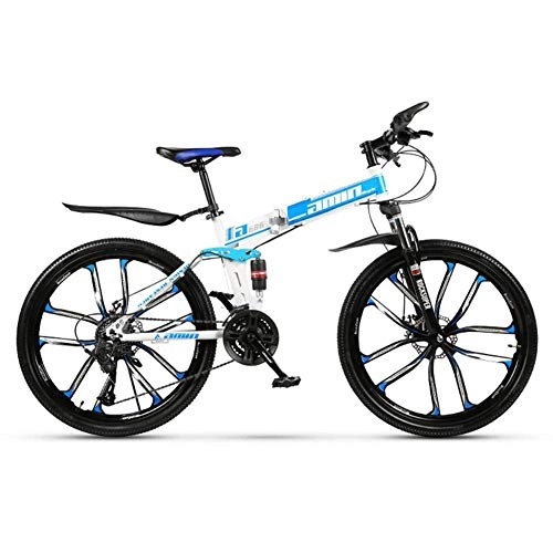 Folding Mountain Bike : LHQ-HQ Outdoor sports Mountain Bike 21 Speed Folding Bike 26 Inches 10Spoke Wheels Suspension Bicycle (Color : Blue)