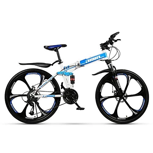 Folding Mountain Bike : LHQ-HQ Outdoor sports Mountain Bike 26 Inch Wheel Steel Frame Spoke Wheels Dual Suspension Road Bicycle 21 Speed Folding Bike (Color : Blue)