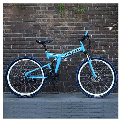 Folding Mountain Bike : LHQ-HQ Outdoor sports Mountain Bike 27 Speed 26 Inches Spoke Wheels Dual Suspension Folding Bike with Double Disc Brake (Color : Blue)