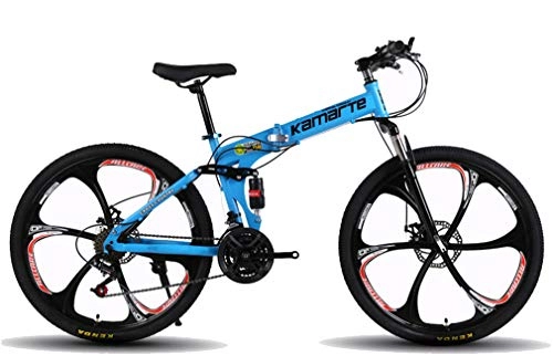 Folding Mountain Bike : LHY RIDING Folding Bicycle Mountain Bike Black Six Impeller Shock Absorber Gearbox Aluminum Alloy Double Disc Brake, Blue, 26inch21speed