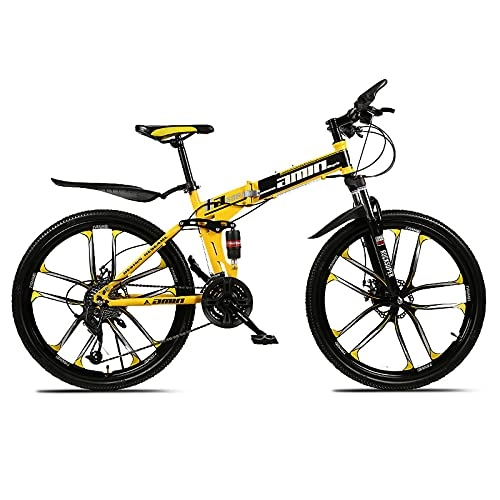 Folding Mountain Bike : LICHUXIN Foldable Mountain Bike 24 Inches, Outdoor Variable Speed Shock Absorber Mountain Bike, Dual Disc Brakes And Carbon Steel Frame, 21 / 24 / 27 / 30 Speed, Yellow C, 24 speed