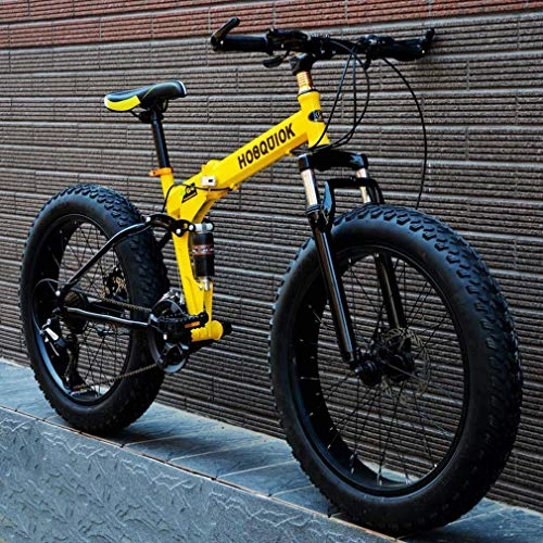 Folding Mountain Bike : Lightweight Fat Tire Mens Mountain Bike, Double Disc Brake / High-Carbon Steel Frame Cruiser Bikes, 7 Speed Beach Snowmobile Bicycle, Aluminum Alloy Wheels, Yellow, 24 inches Inventory clearance
