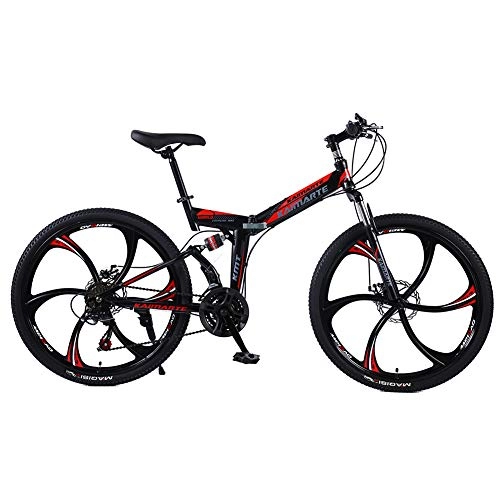 Folding Mountain Bike : LIU Mountain Bike 24 / 26 Inches 6 Spoke Wheels Dual Suspension Folding Bike 21 / 24 / 27 Speed MTB, Adults, Men and Women Universal, BlackRed, 24inch27speed