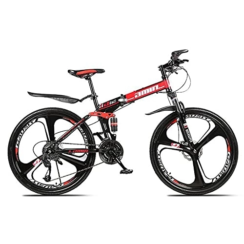 Folding Mountain Bike : LIUXR Folding Mountain Bikes, 21-27 Speed Double Disc Brake, Full Suspension 26 Inches Anti-Slip Bicycle, for Man / Woman / Teenager, Red_24 Speed