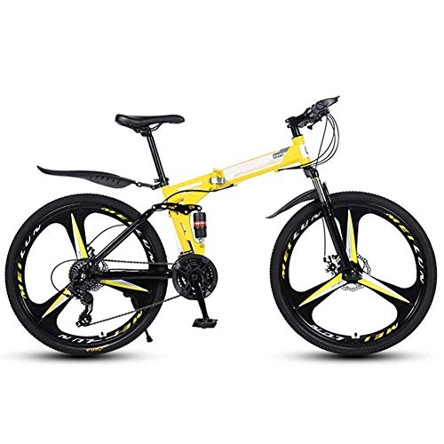 Folding Mountain Bike : LKAIBIN Cross country bike Outdoor sports Folding Mountain Bike 21 Speed Full Suspension Double Disc Brake Bicycle 26" Mens High Carbon Steel Frames (Color : Yellow)